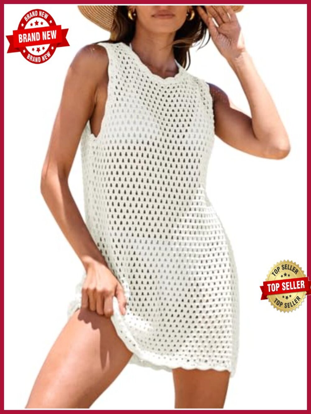 Crochet Mini Dress Swimsuit Coverup Sleeveless Hollow Knit Beach